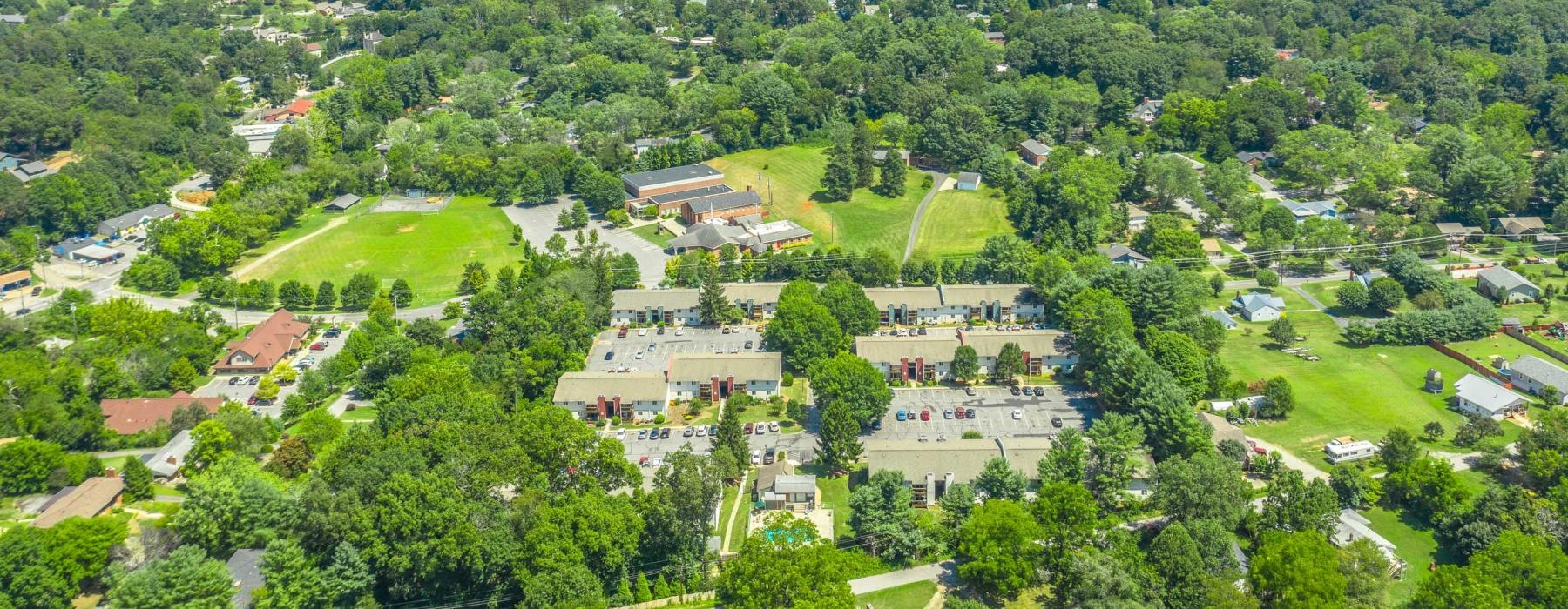 aerial shot of Manor Ridge Apartments and mountain range